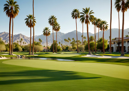 Golf course at sunset with palm trees and mountains in the background. Created with AI Generativeの写真素材