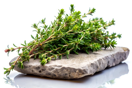 Fresh thyme on a stone over white background. Selective focus. Generative AIの写真素材