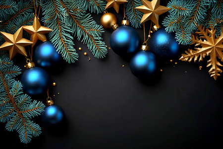 Christmas and New Year background with blue christmas balls, stars and fir branches on black background.  Created with AI Generativeの写真素材