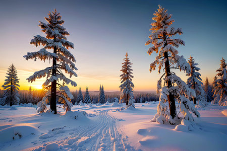 Beautiful winter landscape with snow covered trees at sunset. Generative AIの写真素材