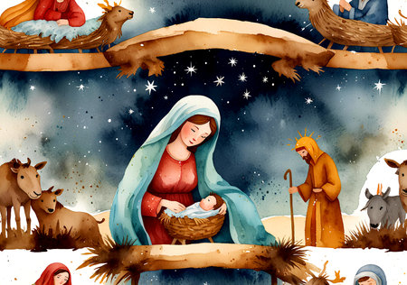 Cartoon scene with nativity scene with christmas family illustration for children. Generative AIの写真素材