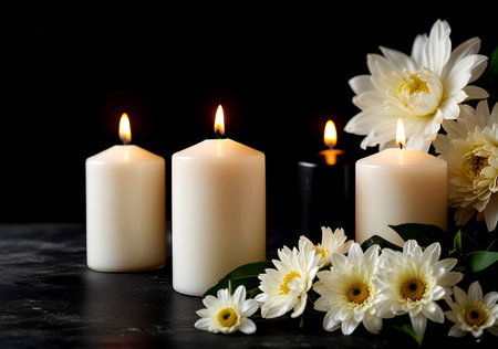 Burning candles with flowers on black table, closeup. Space for text. Created with Generative AIの写真素材