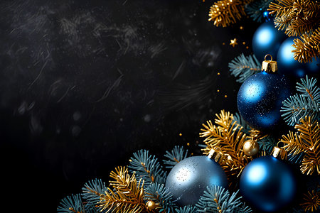 Christmas background with blue baubles and fir branches on dark background. Created with Generative AIの写真素材