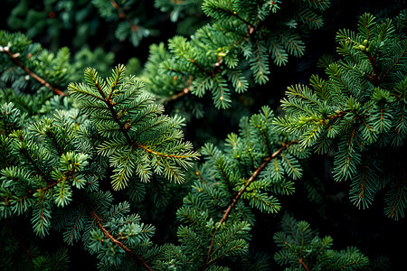 Close up of spruce branches, natural background, selective focus. Christmas background. Generative...