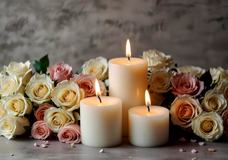 Burning candles and roses on wooden table, closeup. Space for text. Created with AI Generativeの写真素材