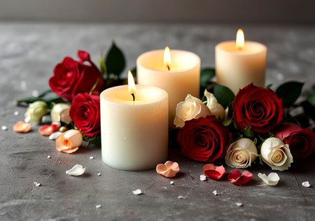 Burning candles with roses space for text. Valentine's Day celebrationの写真素材