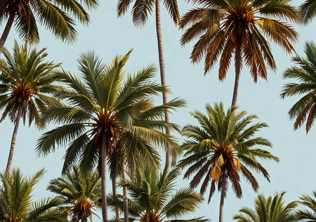 Coconut palm trees on blue sky background. Vintage tone. Generative AI