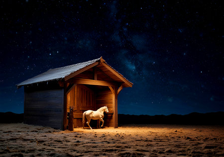 Horse in a stable at night with stars and milky way.