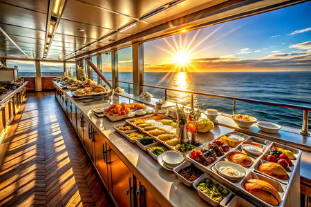 Catering on a cruise ship at sunset. Luxury restaurant. Generative AI