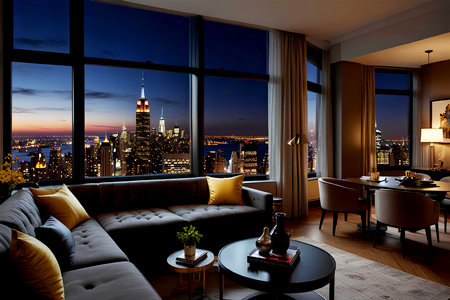 Luxury living room with a view of New York City. Created with AI Generativeの写真素材