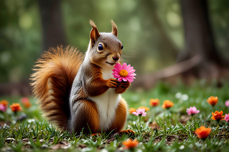 Squirrel with a flower in the forest. Animal in nature.の写真素材