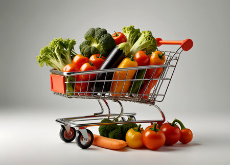 Shopping cart full of fresh vegetables 3d render on gray background. Generative AIの写真素材