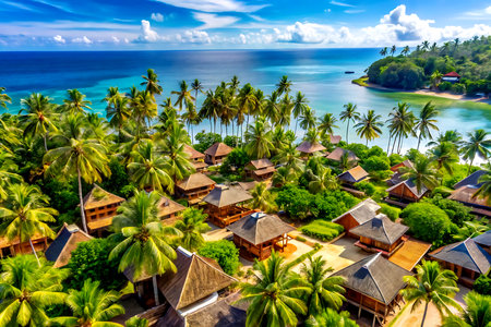 Aerial view of beautiful tropical beach with palm trees and bungalows. Created with AI Generativeの写真素材