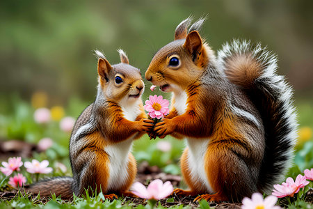 Two squirrels with a pink flower in their paws, sitting on the grass.の写真素材