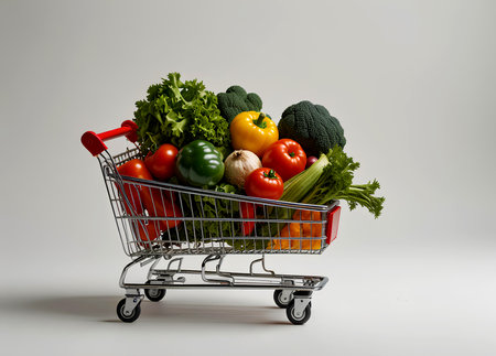 Shopping cart full of fresh vegetables on grey background. Healthy food concept. Created with Generative AIの写真素材