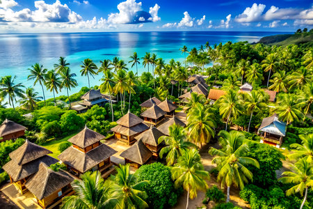 Aerial view of beautiful tropical beach with palm trees, hotel and sea. Generative AIの写真素材
