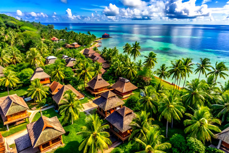 Aerial view of beautiful tropical beach with palm trees, turquoise ocean and blue sky.の写真素材