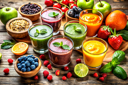 Healthy smoothies with berries and fruits on a wooden background. Generative AIの写真素材