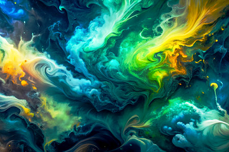 Abstract background of acrylic paint in blue, yellow and green colors. Created with AI Generativeの写真素材