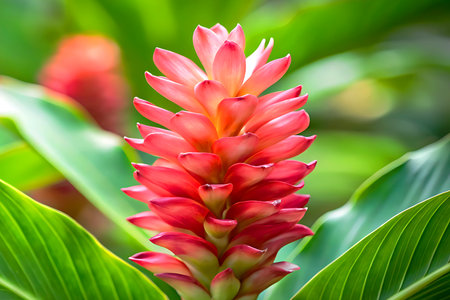 Alpinia purpurata or Pink Ginger flower in the garden. Created with Generative AIの写真素材
