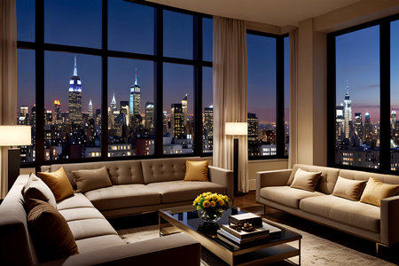 Luxury living room with a view of New York City. Generative AIの写真素材
