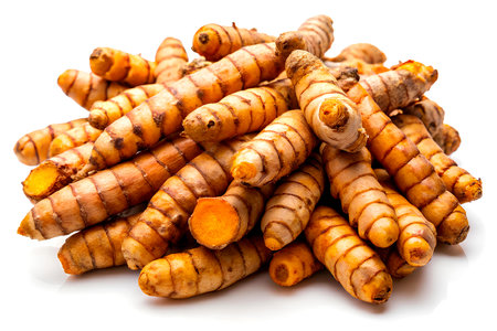 Turmeric roots isolated on white background. Clipping path included. Generative AIの写真素材
