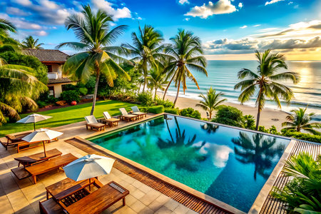 Beautiful luxury swimming pool in hotel resort - Holiday Vacation.の写真素材