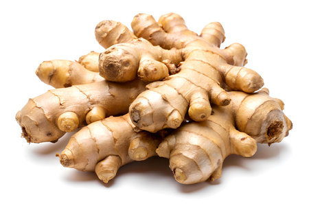 Fresh ginger root isolated on white background. Top view. Flat lay.の写真素材