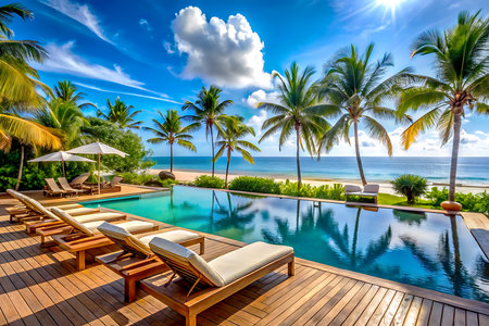 Beautiful luxury swimming pool in tropical Maldives island with palm trees.の写真素材