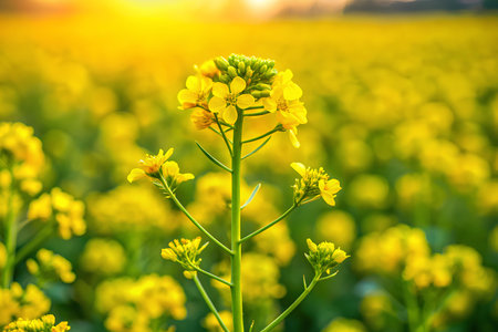 Yellow mustard flower on mustard field. Created with Generative AIの写真素材