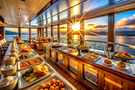 Luxury dinner on cruise ship at sunset, view from the deckの写真素材