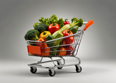Shopping cart full of fresh vegetables 3d render on gray background with shadow. Generative AIの写真素材