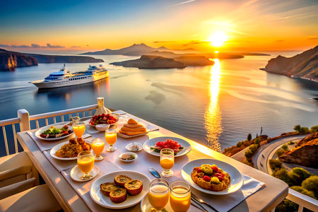 Breakfast on the terrace with sea view at sunset, Santorini, Greece. Generative AIの写真素材