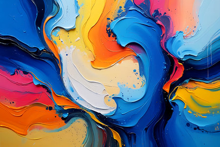 Abstract background of acrylic paints in blue, orange, yellow and pink colors.の写真素材