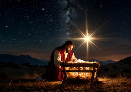 Nativity scene with Jesus in the starry sky, 3d render. Generative AIの写真素材