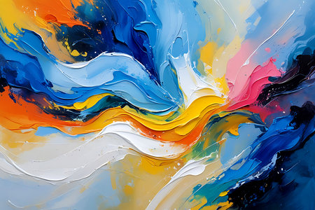 Abstract background of acrylic paint in blue, orange, yellow and white colors.の写真素材
