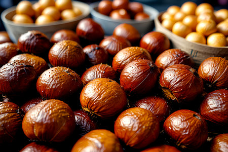 Roasted chestnuts on a market stall in Barcelona, Spain. Created with Generative AIの写真素材