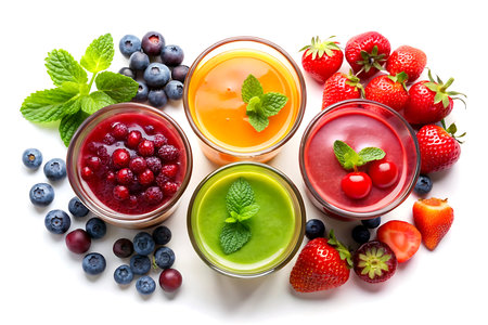 Colorful smoothies in glass jars on white background, top view. Generative AIの写真素材