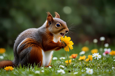 Eurasian red squirrel (Sciurus carolinensis) eating a yellow flower.の写真素材