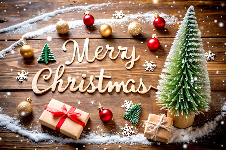 Christmas Decoration Over Wooden Background. Christmas Decoration Over Wooden Background. Created with AI Generativeの写真素材