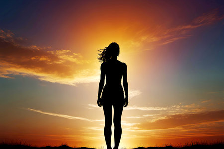Silhouette of a girl against the background of the setting sun.の写真素材