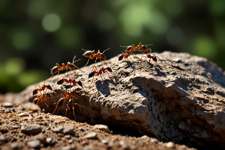 Group of red ant on the ground in the forest. teamwork concept.の写真素材