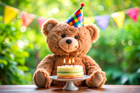 Cute teddy bear with birthday cake on wooden table in garden. Created with AI Generativeの写真素材