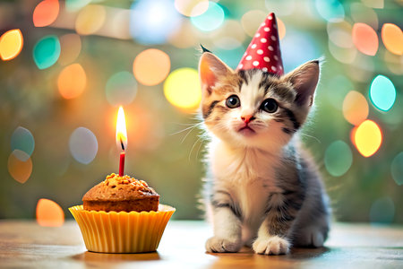 Cute kitten with birthday cupcake and candle on bokeh background.の写真素材