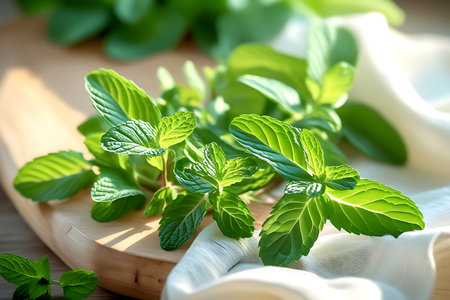 Fresh mint leaves on a wooden board, selective focus, toned image.の写真素材