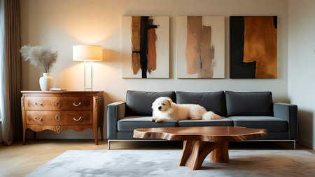 Luxury living room interior with sofa, coffee table and posters.の写真素材