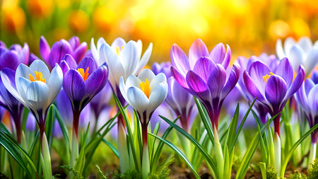Beautiful crocus flowers in the garden, closeup. Spring background.の写真素材