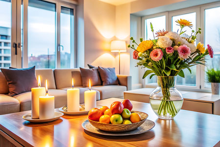 Flowers in vase and candles on table in living room at home. Created with AI Generativeの写真素材