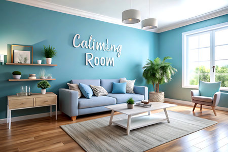 Interior of modern living room with blue walls, wooden floor and comfortable sofa 3d render.の写真素材
