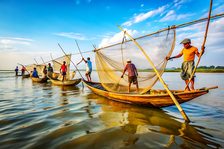 Fishermen at the Inle Lake in the Shan State in Myanmar in Southeastasia. Created with AI Generativeの写真素材